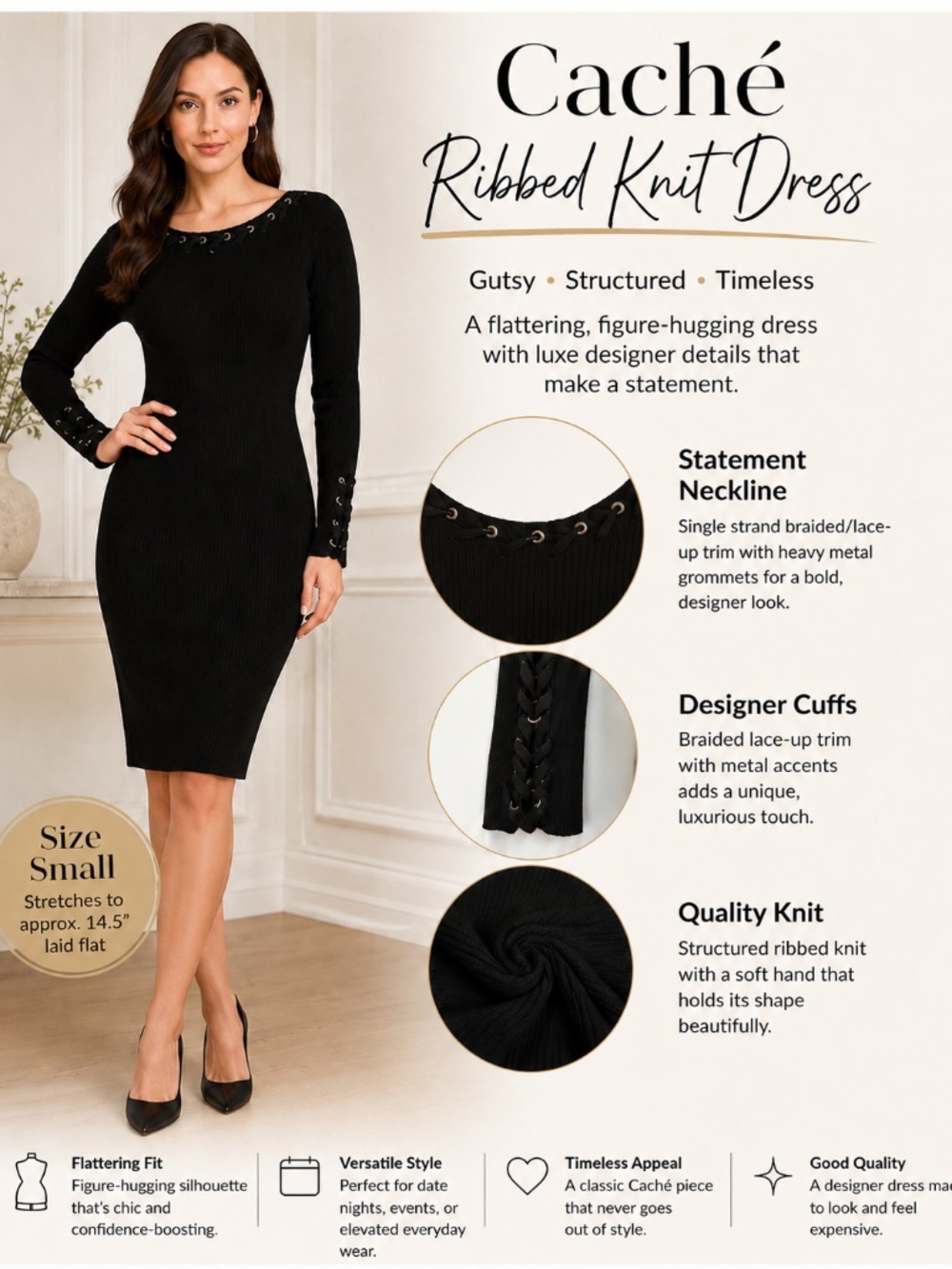 Vintage Caché Black Ribbed Knit Dress Small Grommet Lace-Up Detail